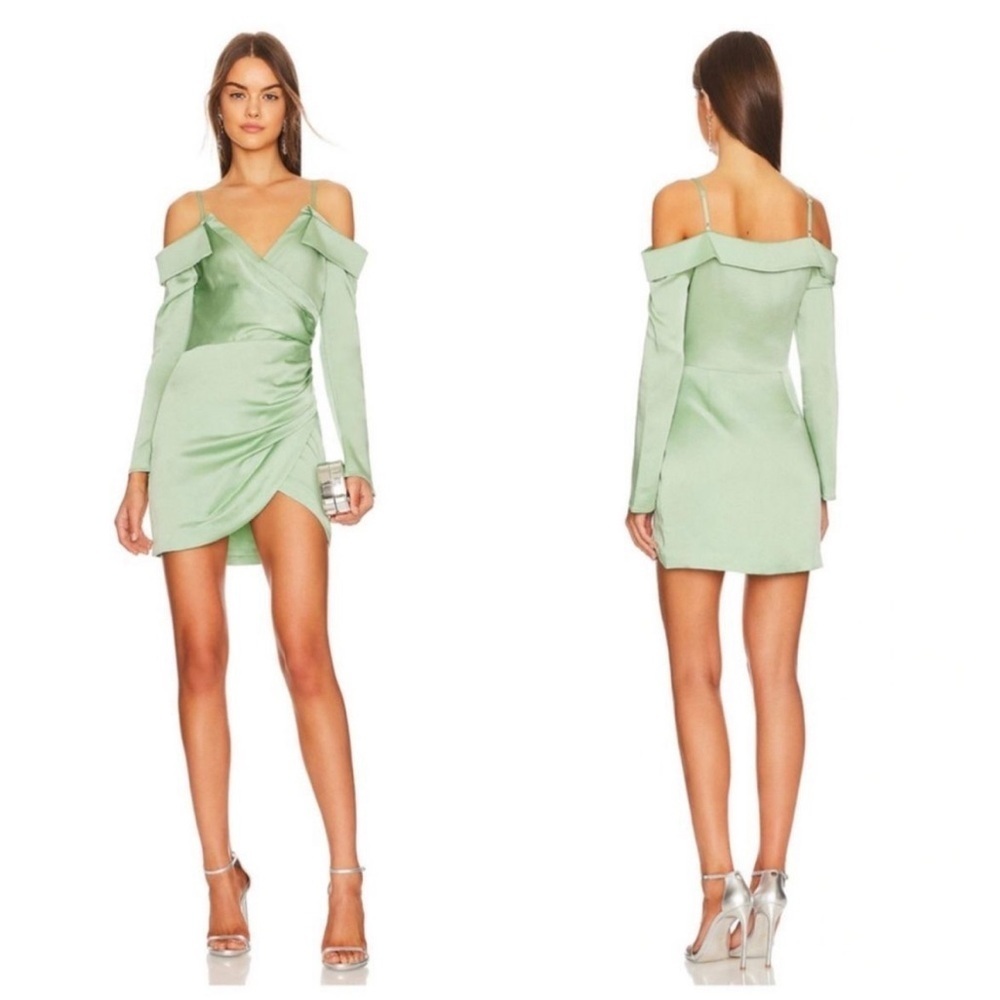 NEW NWT JONATHAN
SIMKHAI Edna Off-The-Shoulder
Satin Mini Dress in Celery
